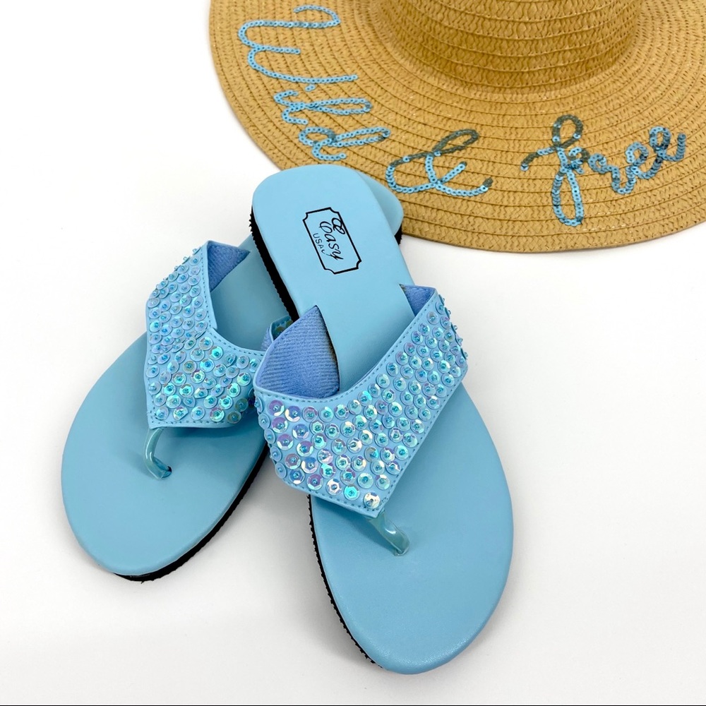 JUST IN Blue Sequins Wedge Flip Flop Sandals